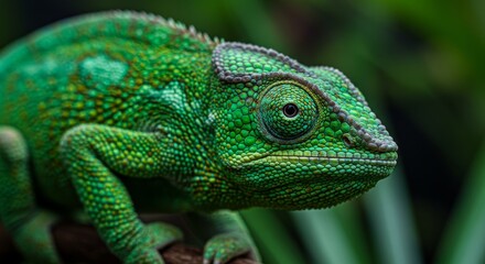 Obraz premium Vibrant Green Chameleon Portrait - Close-up of a vibrant green chameleon, showcasing its intricate scales and captivating gaze. Symbolizing adaptation, camouflage, patience, transformation