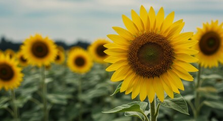 Fototapeta premium Vibrant Sunflower Field Art Print - A captivating symbolizing summer, happiness, nature's beauty, growth, and the sun's warmth. A stunning sunflower field