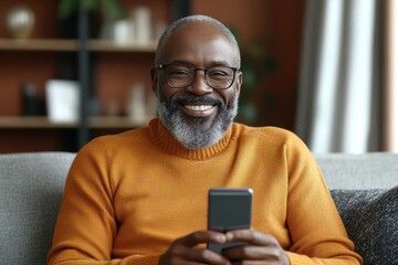 Smiling happy senior mature middle aged man holding cell mobile phone using smartphone sitting at home on couch, scrolling social media, checking financial apps, buying online, texting