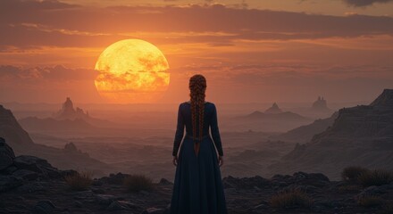 Woman Gazing at Sunset Over Distant Mountains - A lone woman in a long dress stands on a rocky outcrop, gazing at a large orange moon setting over a vast, mountainous landscape