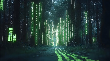 Glowing Green Code In Dark Forest Pathway