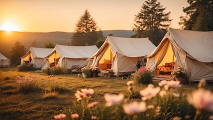 A tranquil glamping site at sunset, featuring spacious tents arranged along a gravel path