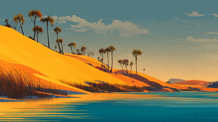 Fototapeta premium Desert landscape painting, featuring golden sand dunes, palm trees, and calm teal water, showcasing tranquility and serenity of nature