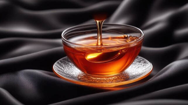 Golden Honey Pouring into a Glass Bowl on a Dark Background
