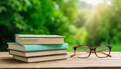 A stack of pastel-colored books with glasses on the table, symbolizing quiet reading, exploring nature
