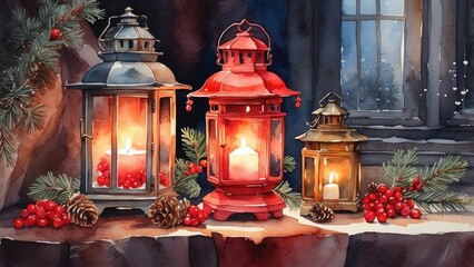 A festive winter scene featuring two vintage red lanterns with glowing candles, surrounded by evergreen branches