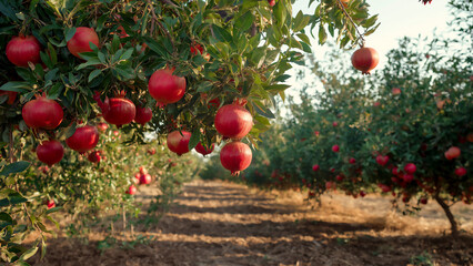 A view down a row in a pomegranate orchard where trees are laden with abundant, ripe red pomegranates hanging from branches, signifying harvest time. The ground is dappled sunlight.