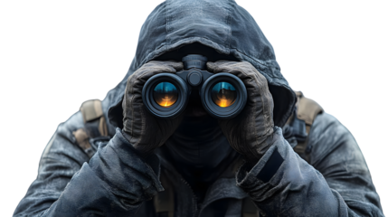 Hooded Figure Observing Through Binoculars in the Dark