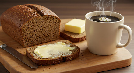 Rustic Bread and Hot Coffee Breakfast Still Life, Perfect for Food Blogs and Culinary Content