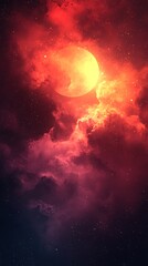 Obraz premium Fiery celestial moon bathed in fiery clouds.
