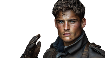 Intense Portrait of a Man in Leather Jacket Dramatic Lighting and Gloved Hand