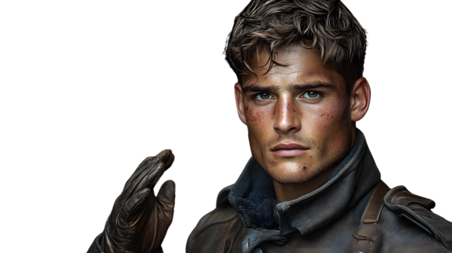 Intense Portrait of a Man in Leather Jacket Dramatic Lighting and Gloved Hand