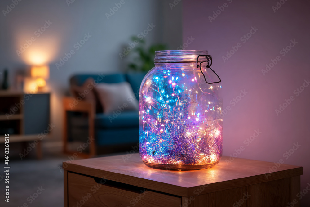 Poster glass jar with colorful led lights and glitter, sitting on wooden table in a dimly lit room, creatin