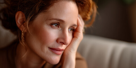 Fototapeta premium Close-up of a middle-aged woman's face, her hand resting gently on her cheek, showcasing thoughtful expression and subtle skin texture, representative of maturity and natural beauty