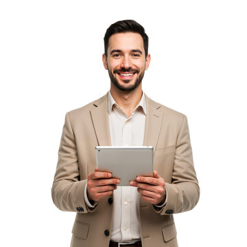 Smiling businessman in suit holding a tablet, isolated on transparent background, PNG format