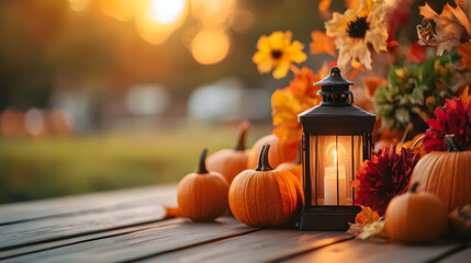 Autumn Lantern Display On Wooden Table With Pumpkins And Flowers