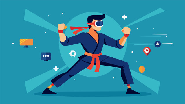 A martial artist using VR to simulate fighting against opponents of different sizes strengths and fighting styles to improve their adaptability and. Vector illustration