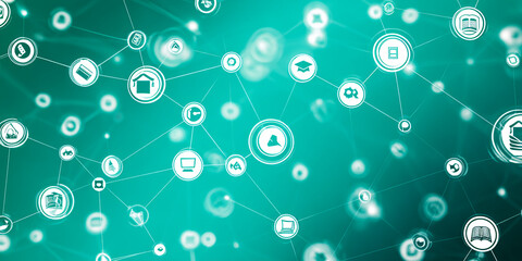 Abstract teal background depicting interconnected icons, symbolizing network, connection, and global communication in technology or education