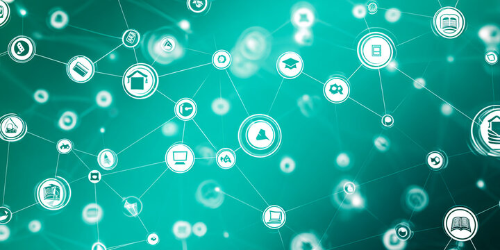 Abstract teal background depicting interconnected icons, symbolizing network, connection, and global communication in technology or education