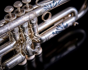 Naklejka premium Ornate trumpet with detailed floral engravings.