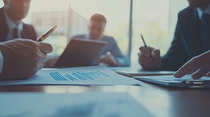 A diverse group of five professionals engaged in a collaborative discussion around a table.