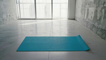 A yoga mat lies flat on the floor of an interior space, ready for practice