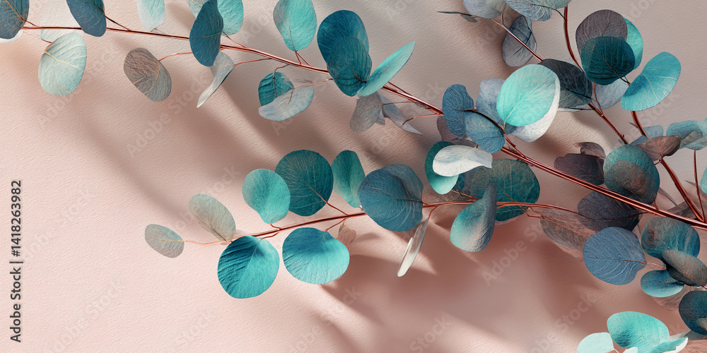 Aufkleber teal eucalyptus branches on a pale pink background, creating a serene and elegant aesthetic, ideal f