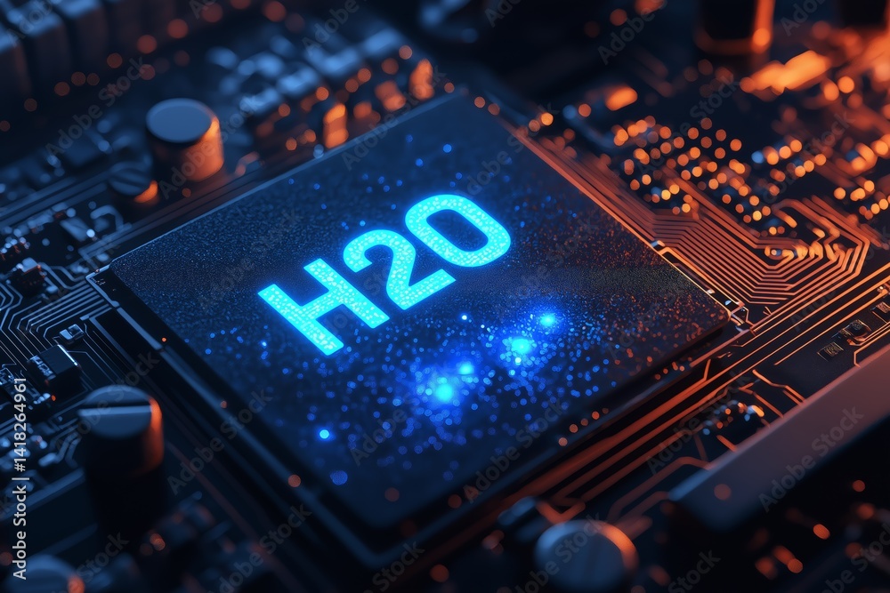 Aufkleber H2O processor glowing at center of vibrant blue circuit board representing innovation in water-based chip cooling, Generative AI