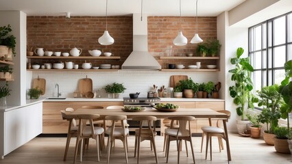 Bright and airy kitchen featuring a rustic brick wall, wooden cabinetry, and modern appliances