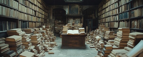 Old library holding many historical old books and manuscripts. Wide format. Hand edited generative AI