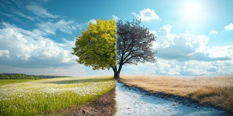 split comparison view of different summer vs winter seasons, aging or timeline of environmental climate change concepts as wide banner - Generative AI