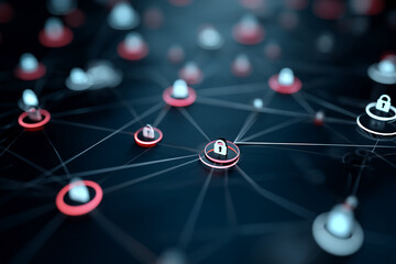 Abstract network visualization with padlock icons, interconnected nodes, and glowing rings, symbolizing cybersecurity, data protection, and network security