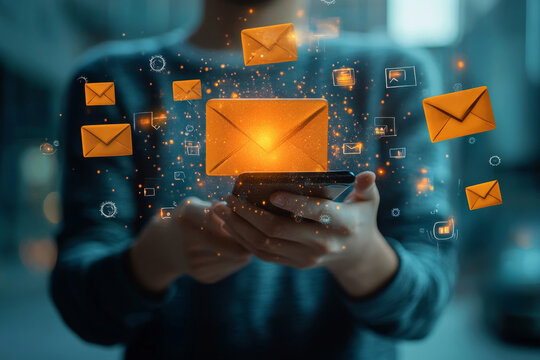 Email marketing campaign, subscription newsletter or online announcement to customer, digital advertising concept, businessman on mobile phone using megaphone to send flying email newsletter