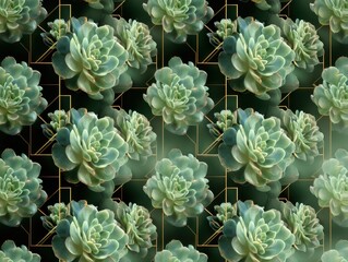 A geometrically arranged succulent pattern. The succulents are various shades of green, against a dark background with golden geometric lines.