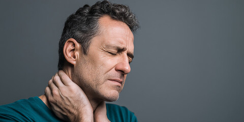 Close-up of man holding neck, eyes closed, expressing pain.  Illustrates discomfort, possibly neck pain or stress.  Suitable for healthcare or wellbeing concepts