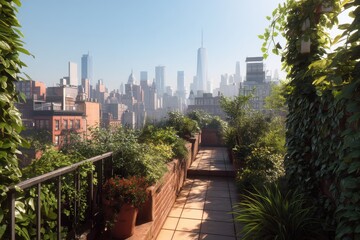 Fototapeta premium Lush rooftop garden overlooking a dense urban landscape with city highrises. Serene greenery contrasts with the bustling metropolis.