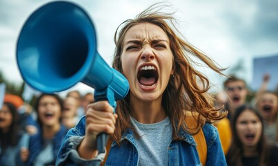 Female activist angry shouting for her cause among people demonstration protester as wide banner with copy space area - generative AI
