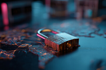 Close-up of metallic padlock on dark, textured surface resembling world map with glowing network, symbolizing global cybersecurity and data protection