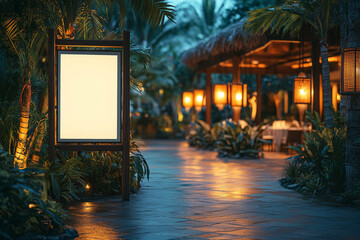 generic outdoor night shot of luxury resort or hotel like reception and fine dining restaurant with blank empty signboard mockup - Generative AI