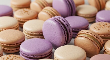 Fototapeta premium Delightful Macaron Collection - Sweet pastel macarons, a delightful confectionery, symbolizing elegance, joy, sweetness, artistry, and indulgence