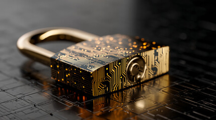 Gold padlock with circuit board design, lying on dark surface.  Symbolizes digital security, data protection, and technological safety