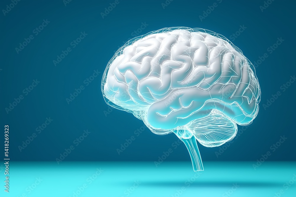 Poster transparent 3d model of human brain floating against clean blue background symbolizing intelligence 