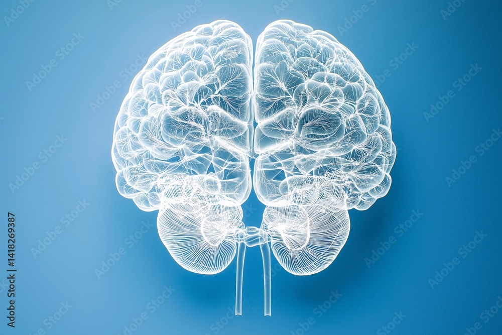 Poster Front-facing 3D brain with intricate neural pathways visualized in white over blue background representing data and intelligence, Generative AI