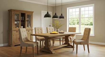 Fototapeta premium Wooden Dining Table with Pendant Lighting and Minimalist Neutral Tones