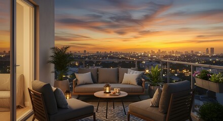 Obraz premium Cozy Balcony with Furniture and Plants Overlooking City Skyline at Sunset