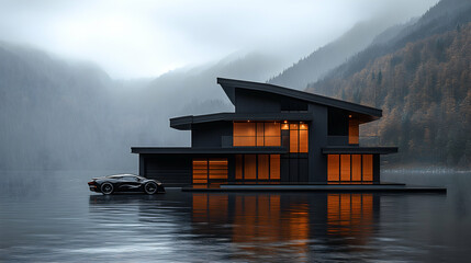 Fototapeta premium Modern black lake house with a sleek sports car parked outside, nestled in a misty mountain landscape. Perfect for luxury real estate, architecture, and travel websites.