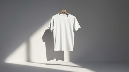 A single white t-shirt hanging from a clothes hanger, ready for wear or storage