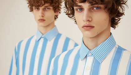 Close-up portrait of two young men in striped shirts.