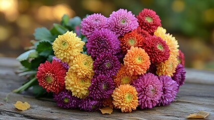 Beautiful Autumn Chrysanthemum Bouquet Vibrant Colors Floral Arrangement Fresh Flowers Colorful Blooms Garden Flowers Nature Photography Closeup View Rustic Wooden Background Fall Season Autumnal     