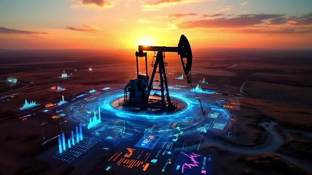 Oil rig pumpjack at sunset with vibrant holographic data overlays showing energy production metrics